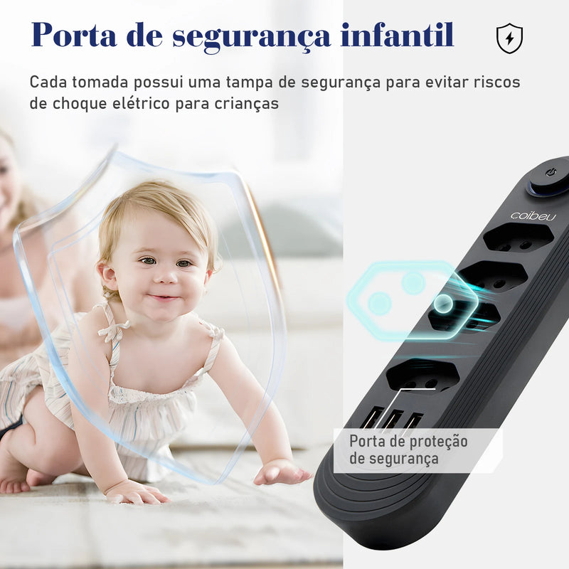 Tomada USB extensão elétrica elétrica 110-220v 10a 2m 2500w