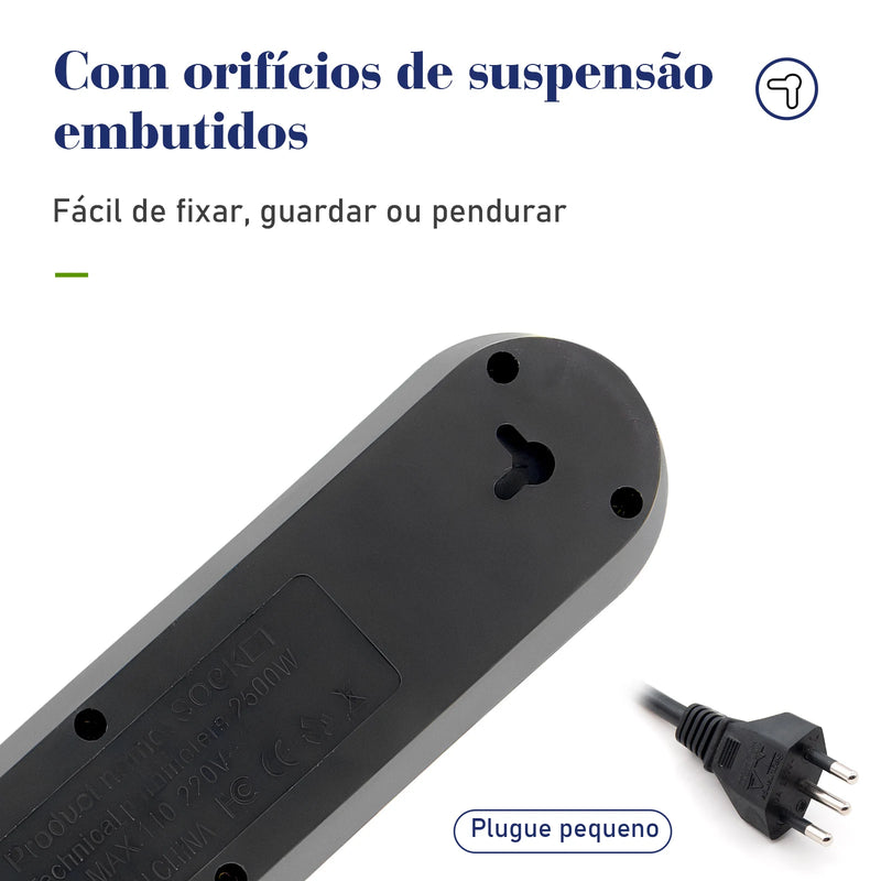 Tomada USB extensão elétrica elétrica 110-220v 10a 2m 2500w