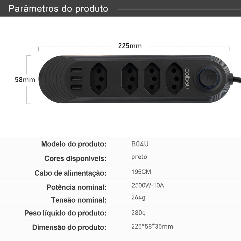 Tomada USB extensão elétrica elétrica 110-220v 10a 2m 2500w