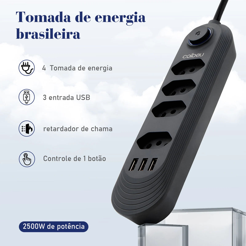 Tomada USB extensão elétrica elétrica 110-220v 10a 2m 2500w